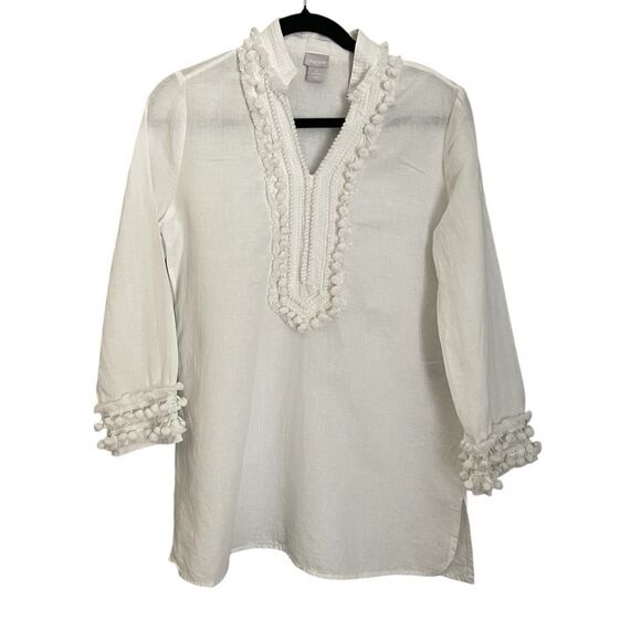 Chico’s White Linen-Blend Embellished Kurta Boho chic Size 0 US 4/6 - Picture 1 of 10